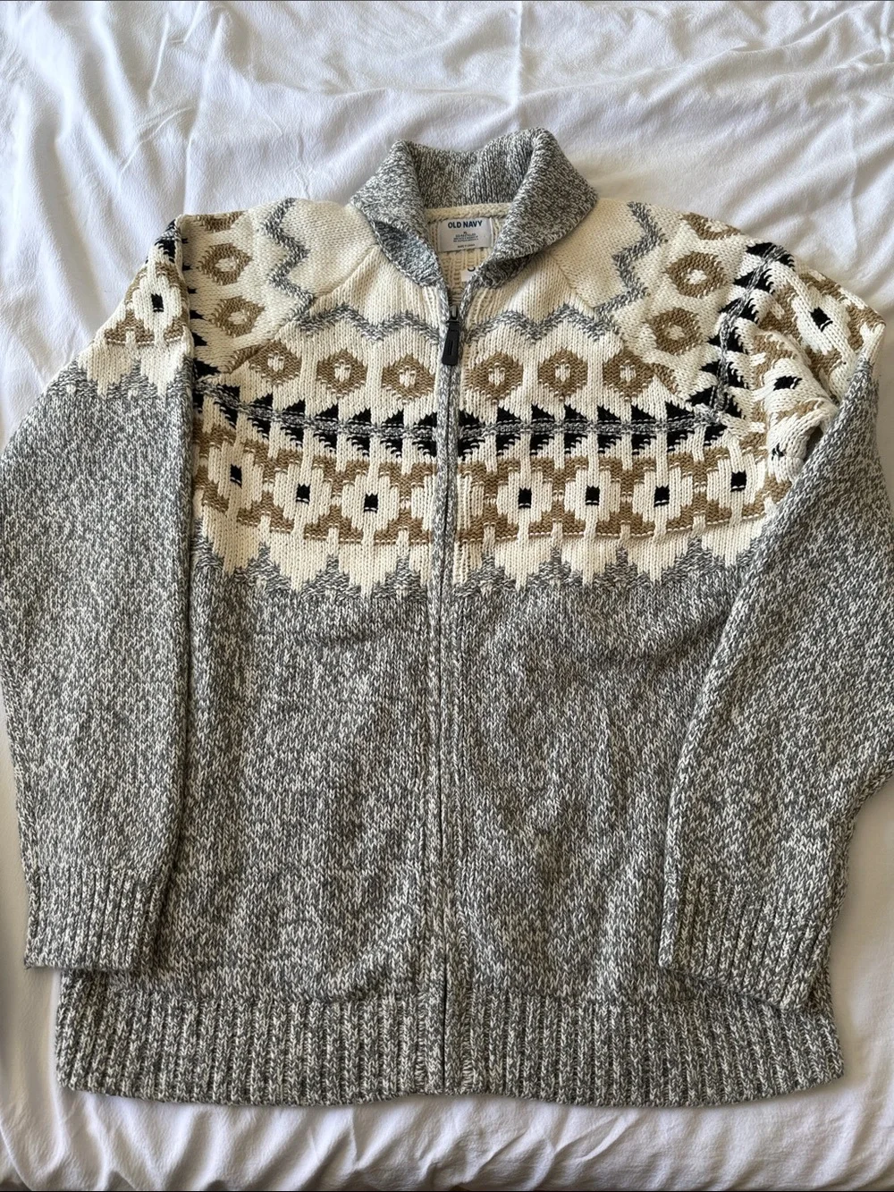 Old Navy Men’s Gray Zip-Up Fair Isle Cardigan with Cream and Tan Accents